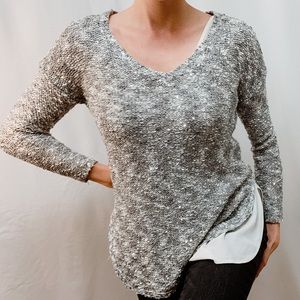 V Neck Silver Sequin Sparkling Long Sleeve Sweater